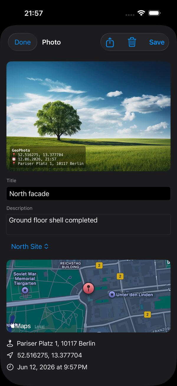 GeoPhoto Pro – Foto-Detail mit GPS-Wasserzeichen und Karte